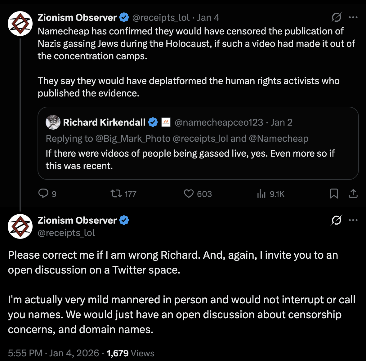 Screen capture from Twitter of Richard Kirkendall saying he would have censored evidence of Nazis gassing Jews